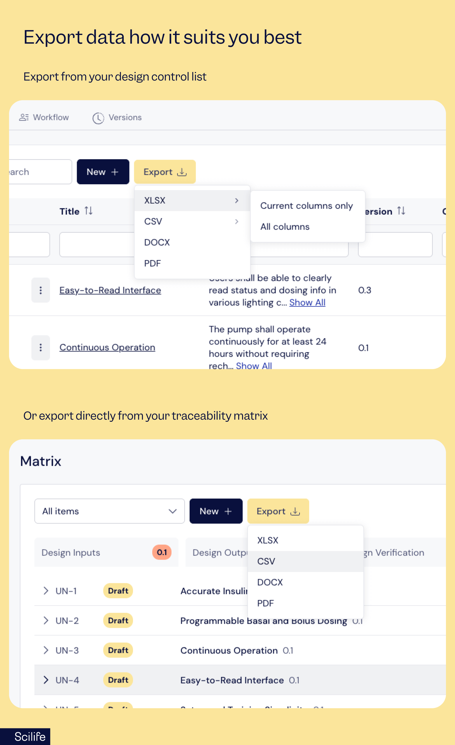 Export audit-ready reports in design and development | Scilife
