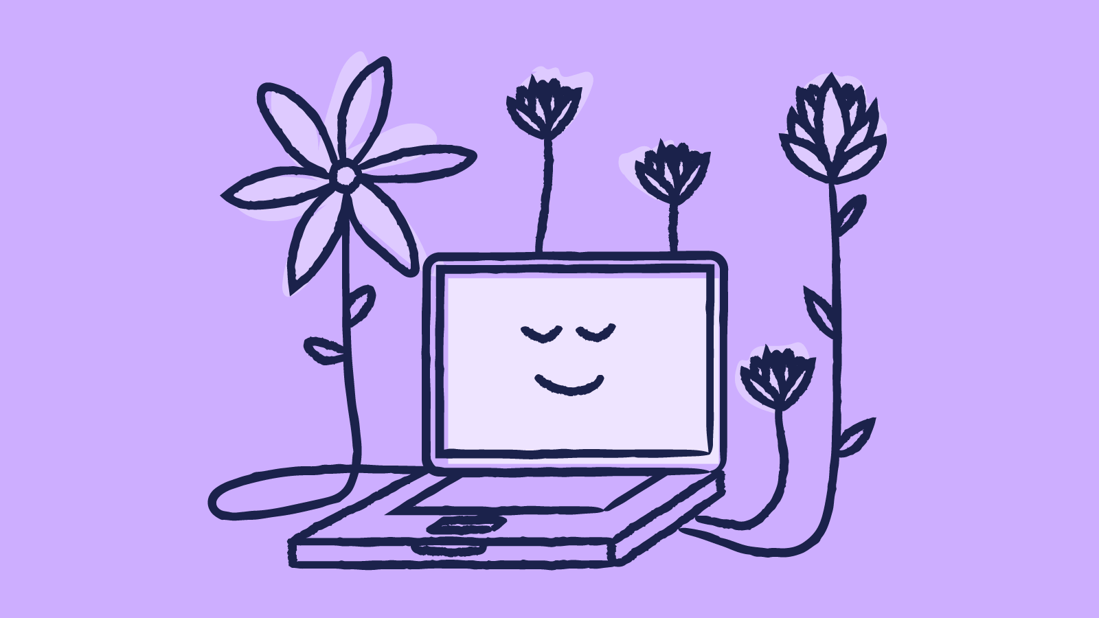 Illustration of a smiling laptop surrounded by sprouting flowers, representing simplicity | Scilife