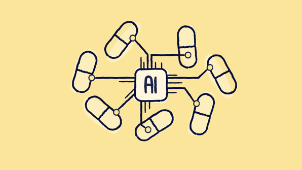 Illustration of AI chip connected to six pills, representing AI drug development | Scilife 