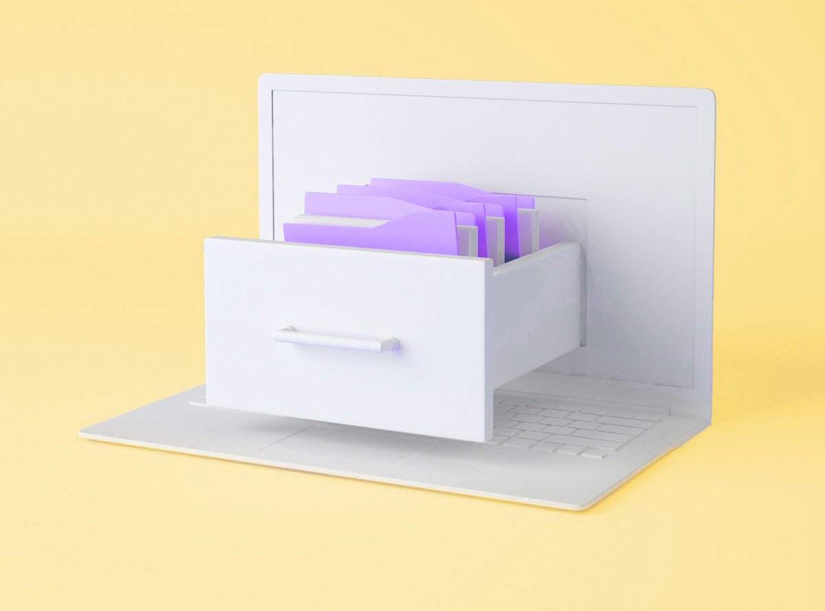 Document filing drawer coming out of a notebook screen to illustrate the solution for control print that Scilife created for a Big Pharma Company