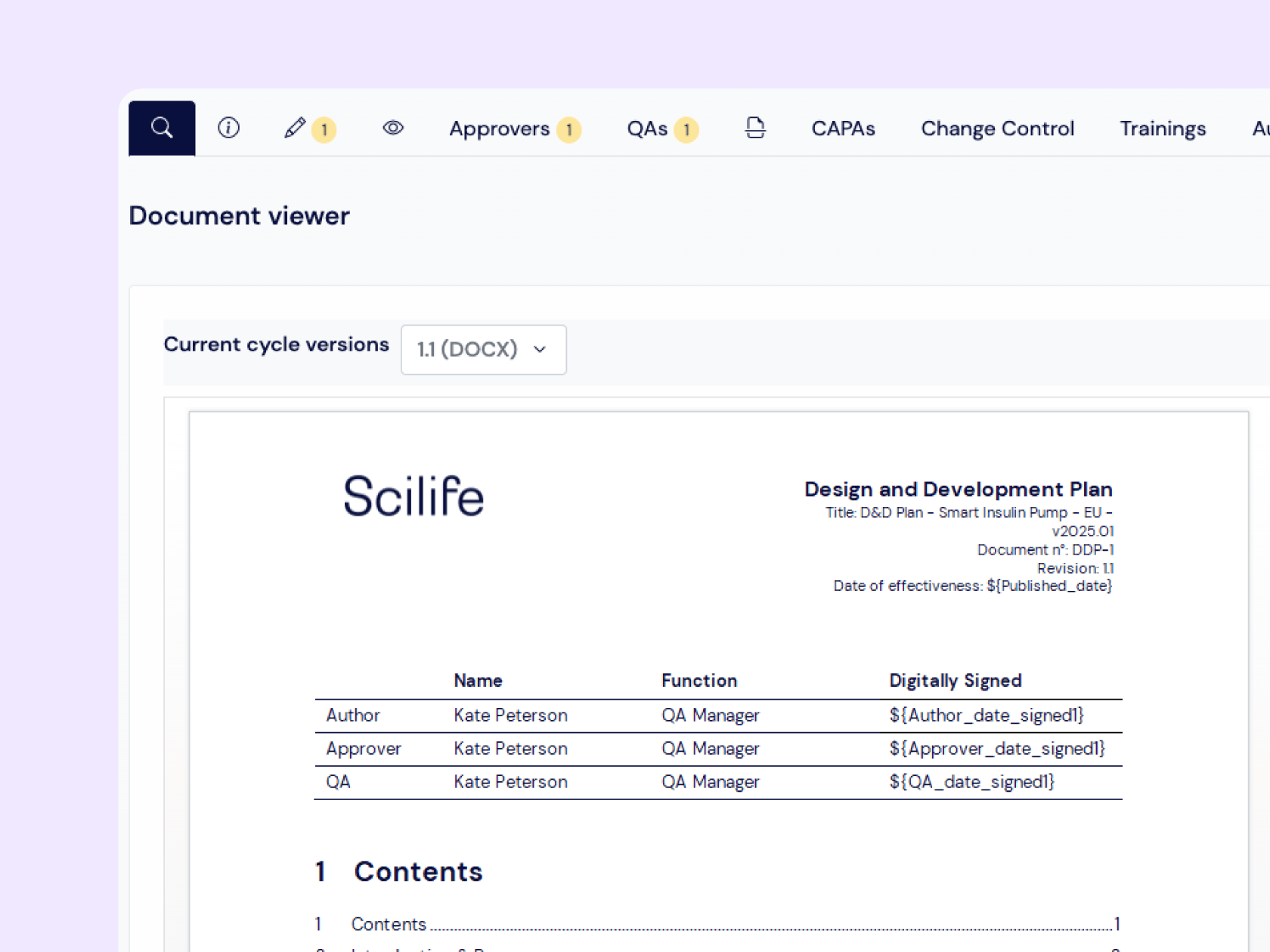 Screenshot representing the Document Control manager | Scilife