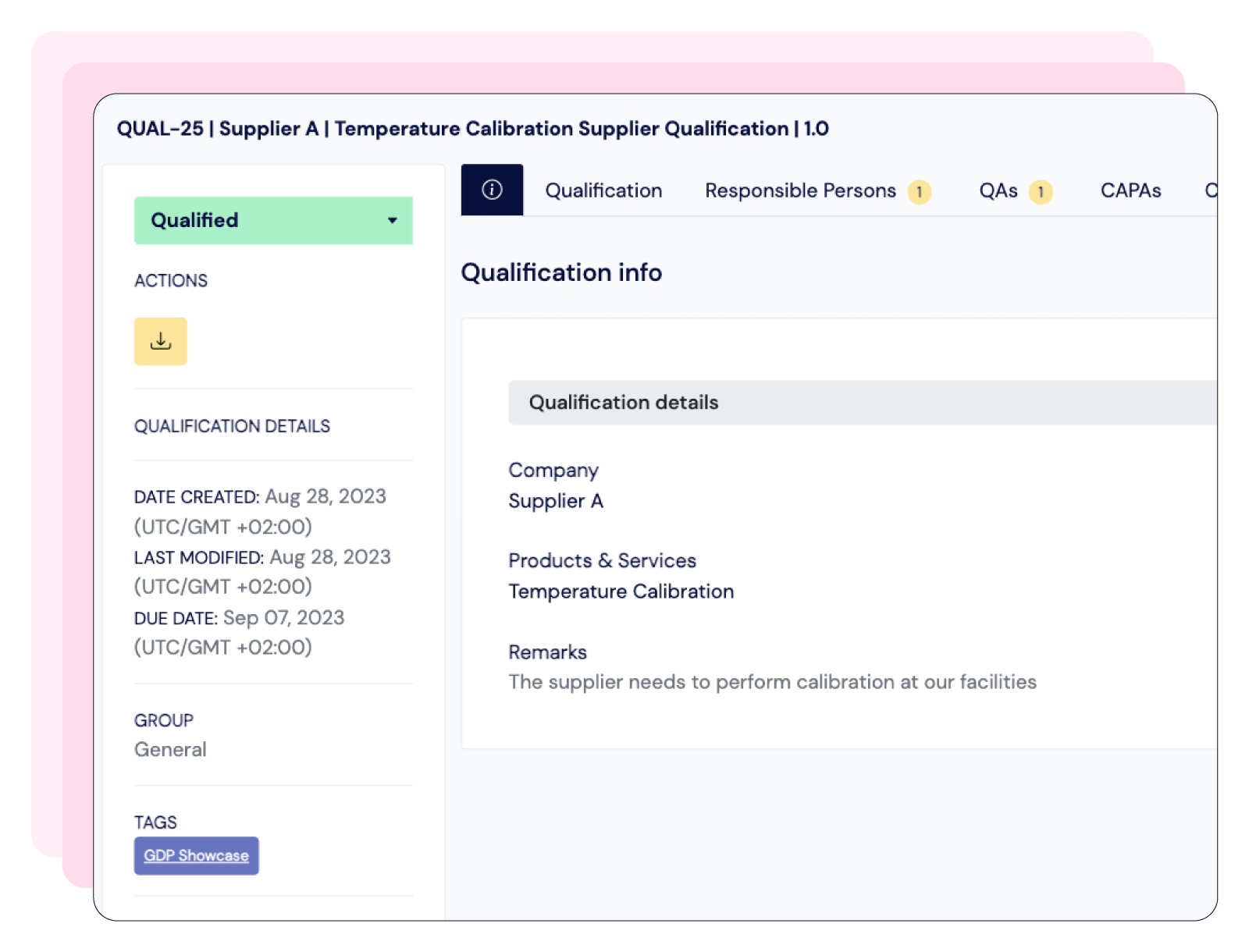 Screenshot showing supplier qualification in Scilife Smart QMS software | Scilife