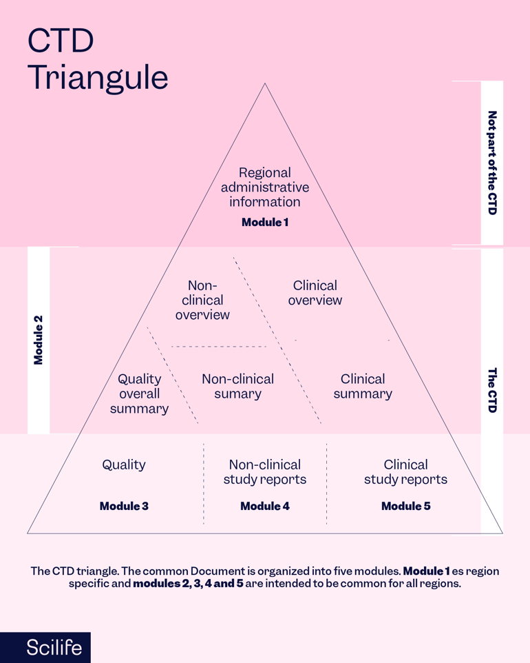 Infographic that represents the Common Technical Document Triangle from the International Council for Harmonization | Scilife 