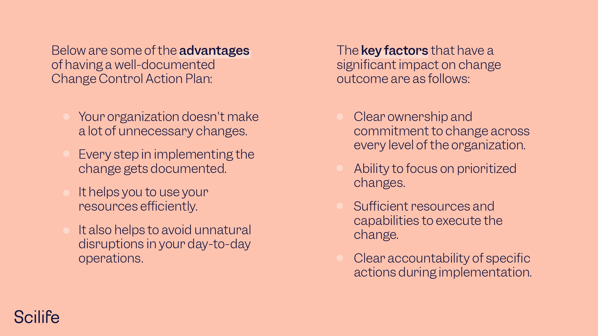 Infographics of the main advantages and key factors of a Change Control Action Plan | Scilife