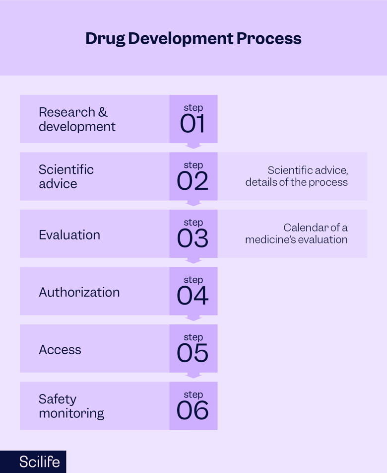 Infographic that shows the Phases of a drug development in the EU | Scilife 