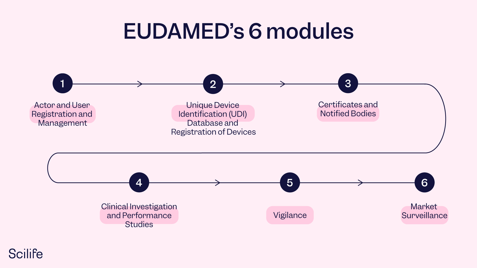 Infographic that shows the 6 different modules of EUDAMED | Scilife 