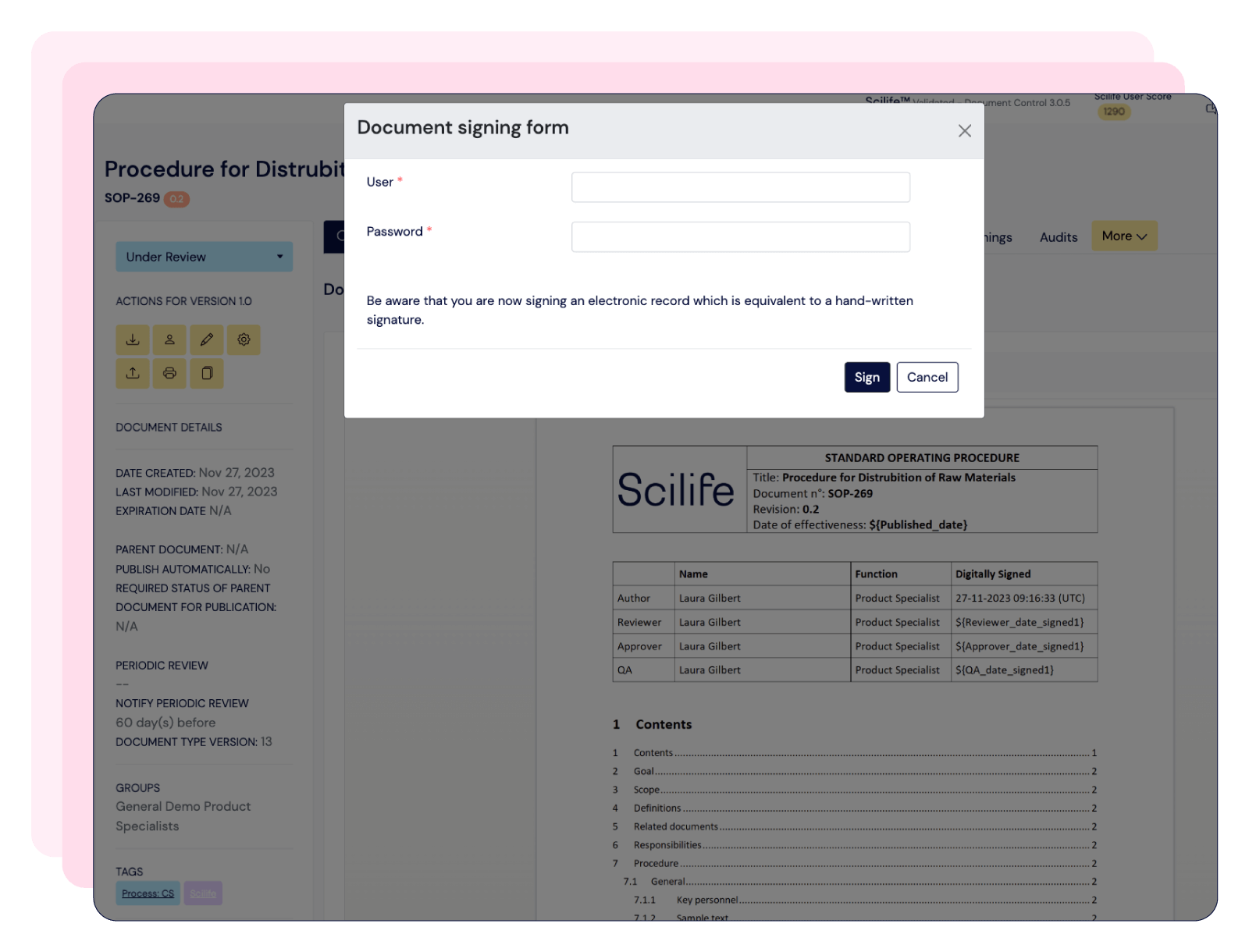 Screenshot of Scilife QMS software document signing form | Scilife