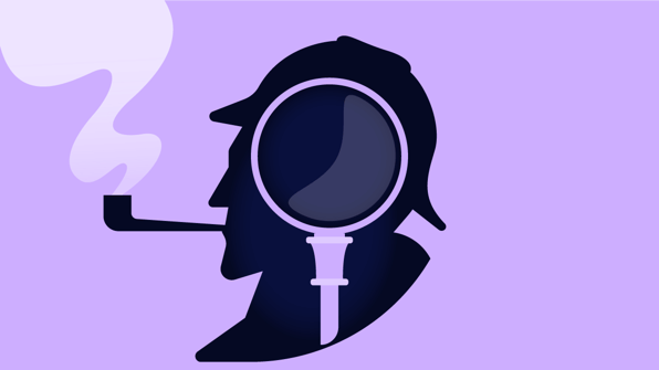 Male detective outline with a loop and a cigarette on a purple background 