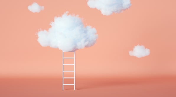 Clouds with stairs in a red background to illustrate the "being digital" concept that Life Sciences companies can achieve with softwares as Scilife.