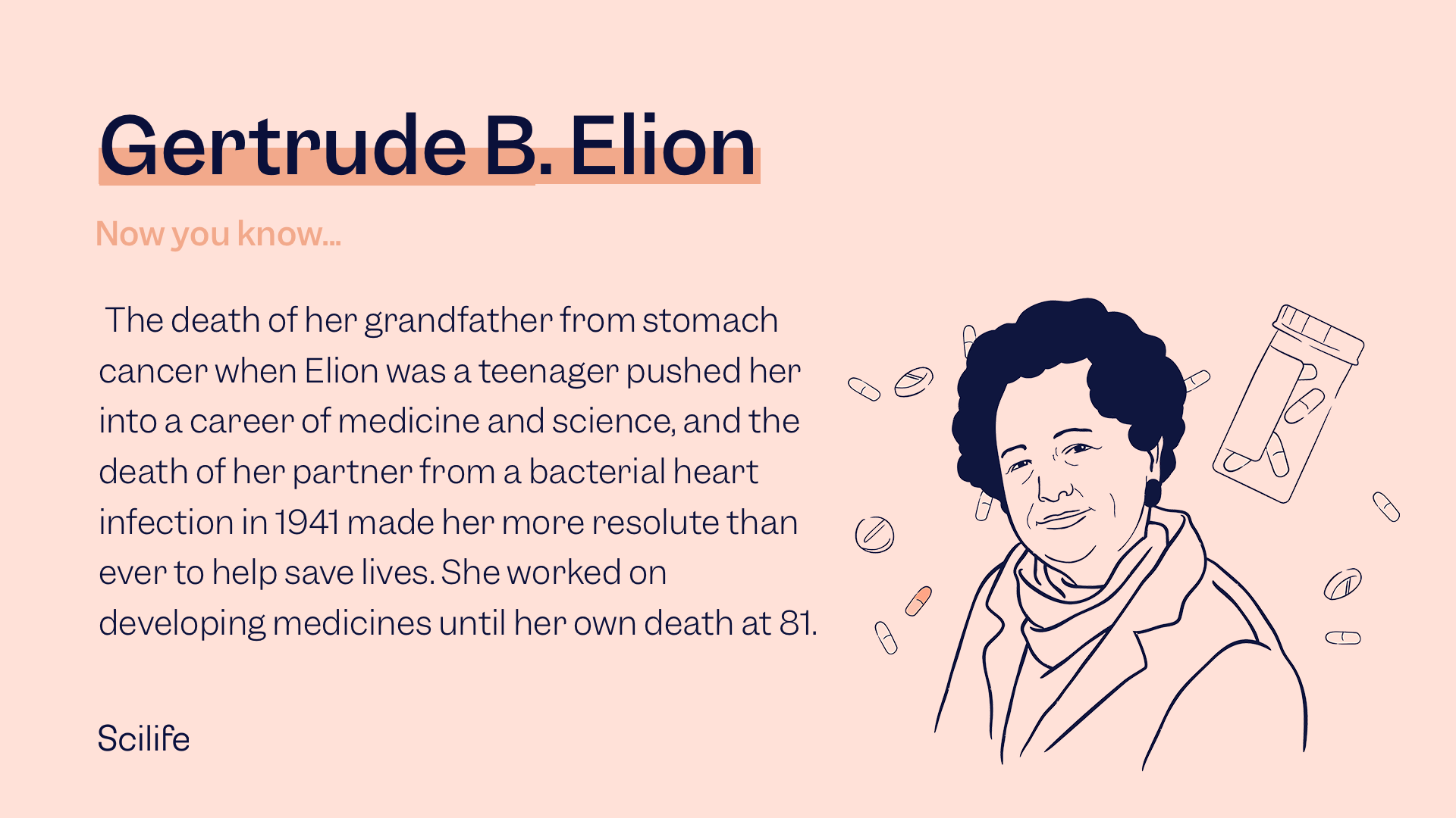 Illustration of Gestrude B. Elion: The death of her grandfather from stomach cancer when Elion was a teenager pushed her into a career of medicine and science, and the death of her partner from a bacterial heart infection in 1941 made her more resolute than ever to help save lives. She worked on developing medicines until her own death at 81 years old.