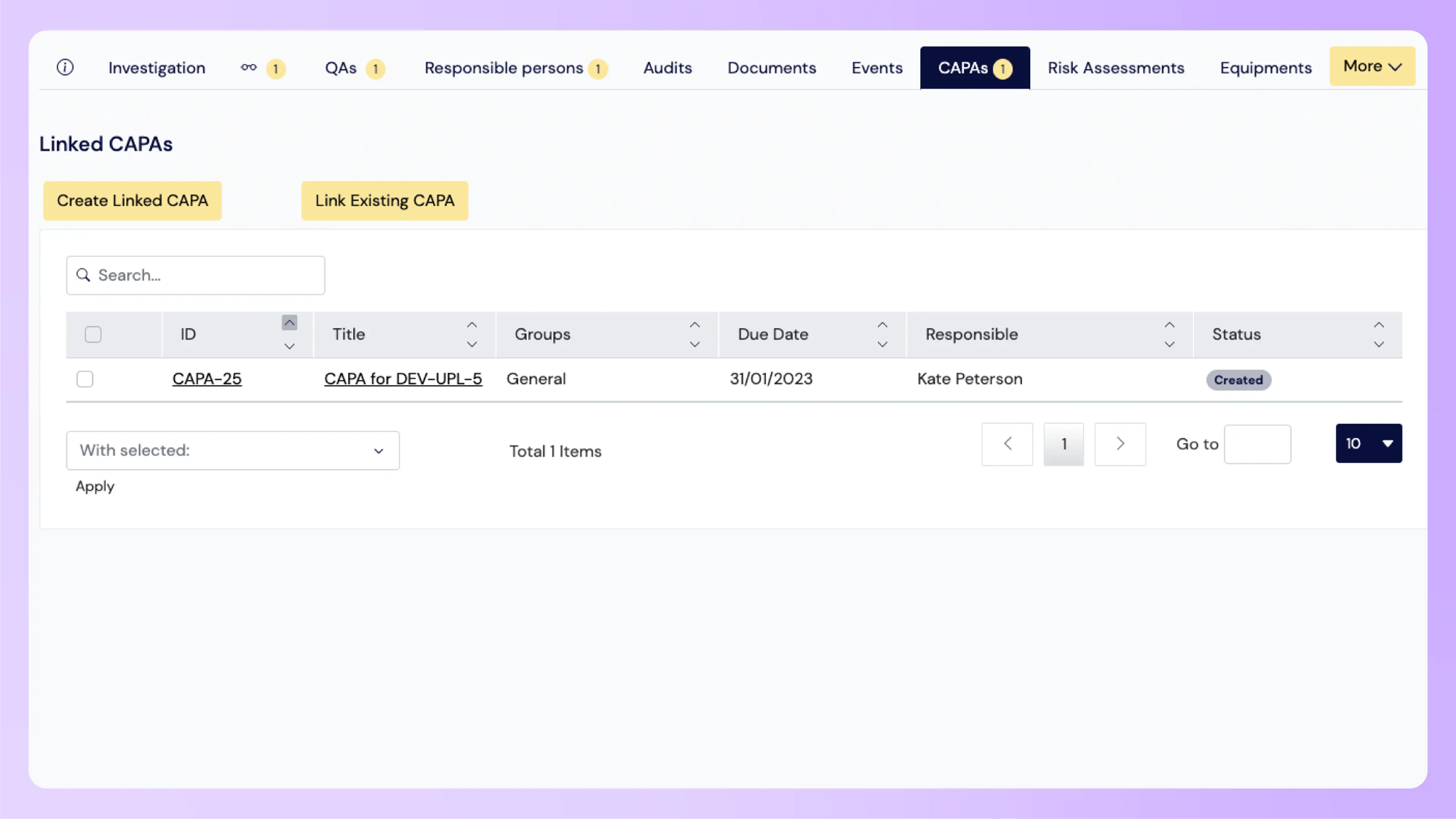 Linked CAPAs and events | Scilife