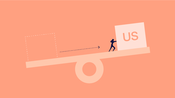 Figure on a seesaw pushing a box labelled US as a metaphor to represent importing your medical devices to the United States.