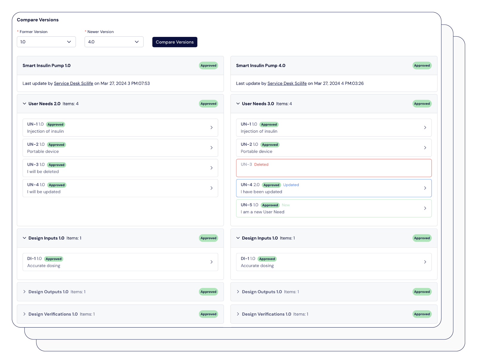 Screenshot showing details about the version comparison tool and medical device product development process | Scilife