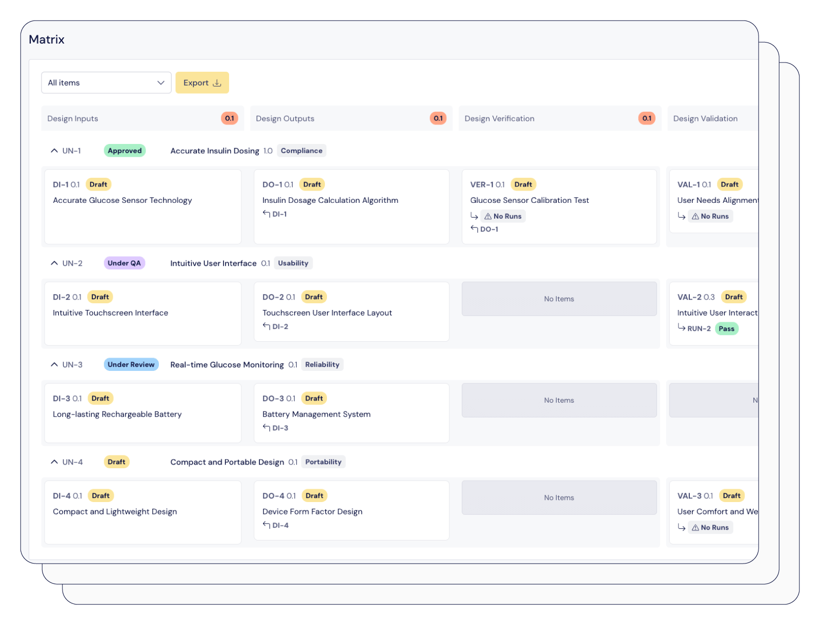 Screenshot showing details about the traceability matrix and medical device product development process | Scilife