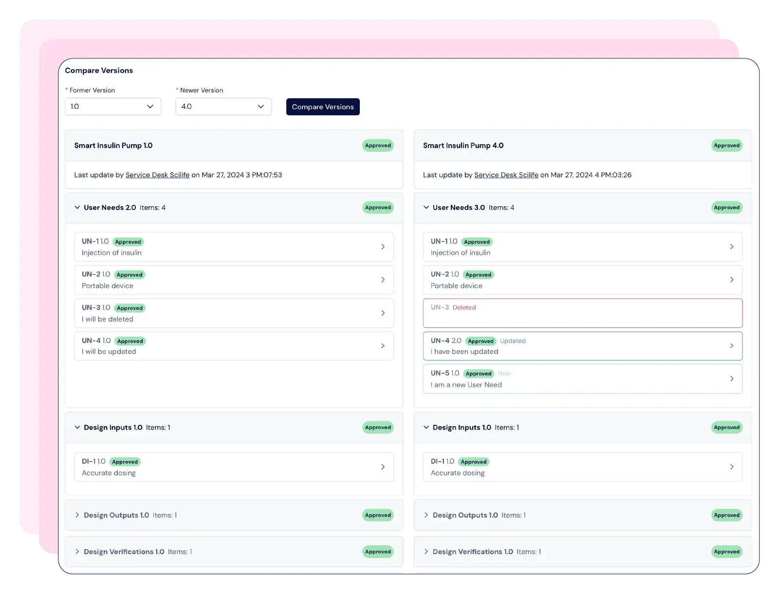 Screenshot that shows the version comparison tool of a design control software for medical devices | Scilife