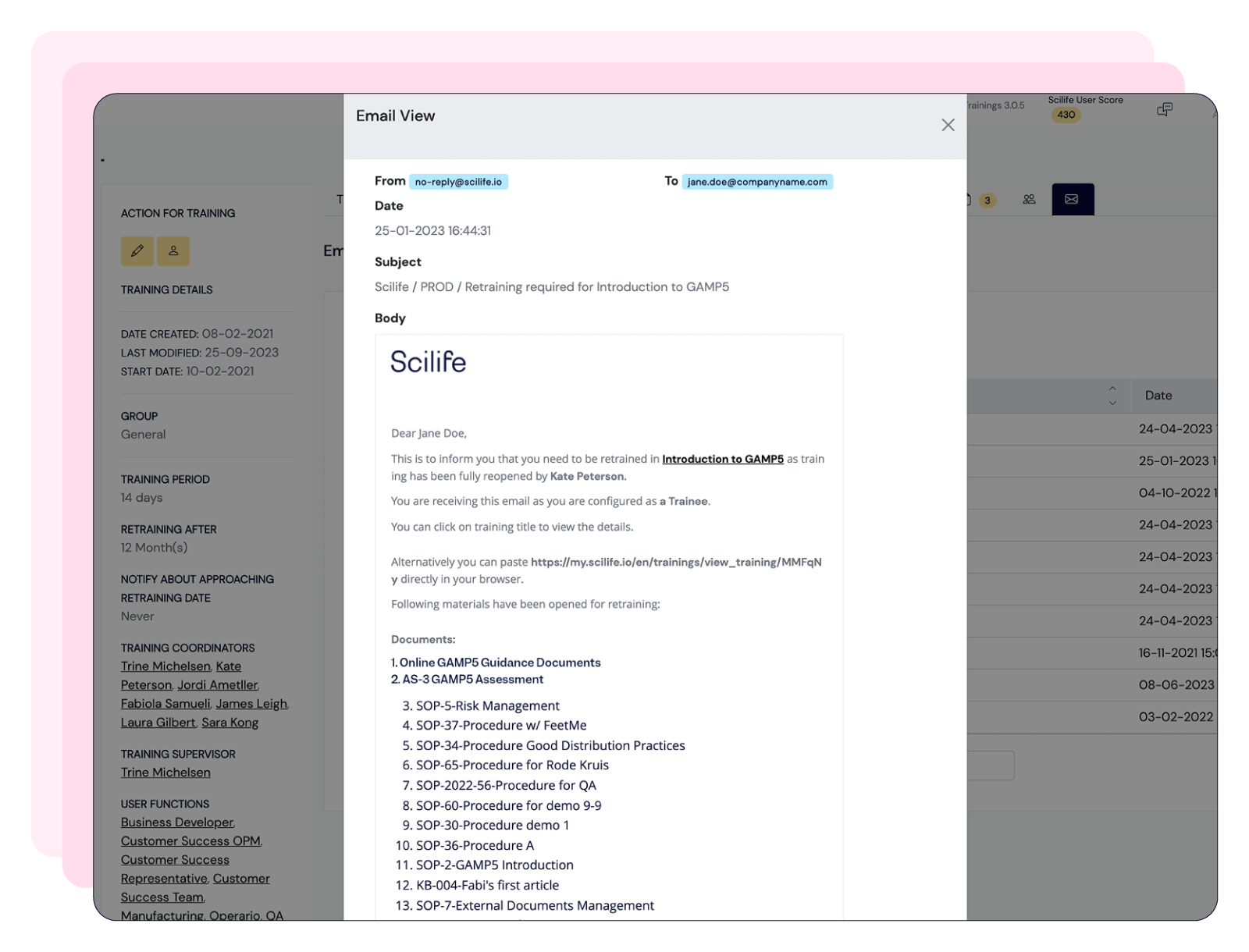 Image that shows a personalized and tailored training management solution with Scilife GMP-compliant QMS | Scilife