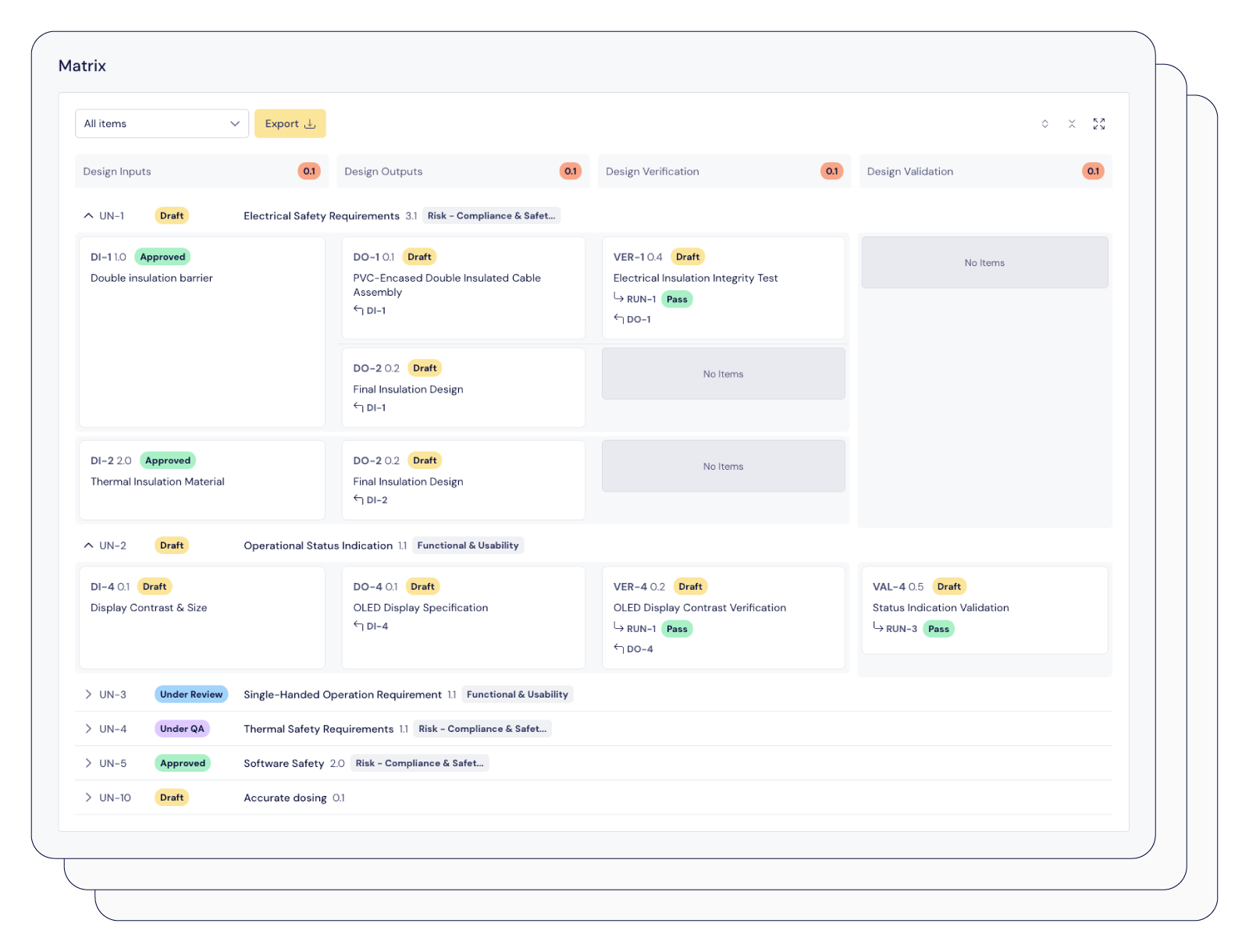 Screenshot showing details about the traceability matrix and medical device product development process | Scilife