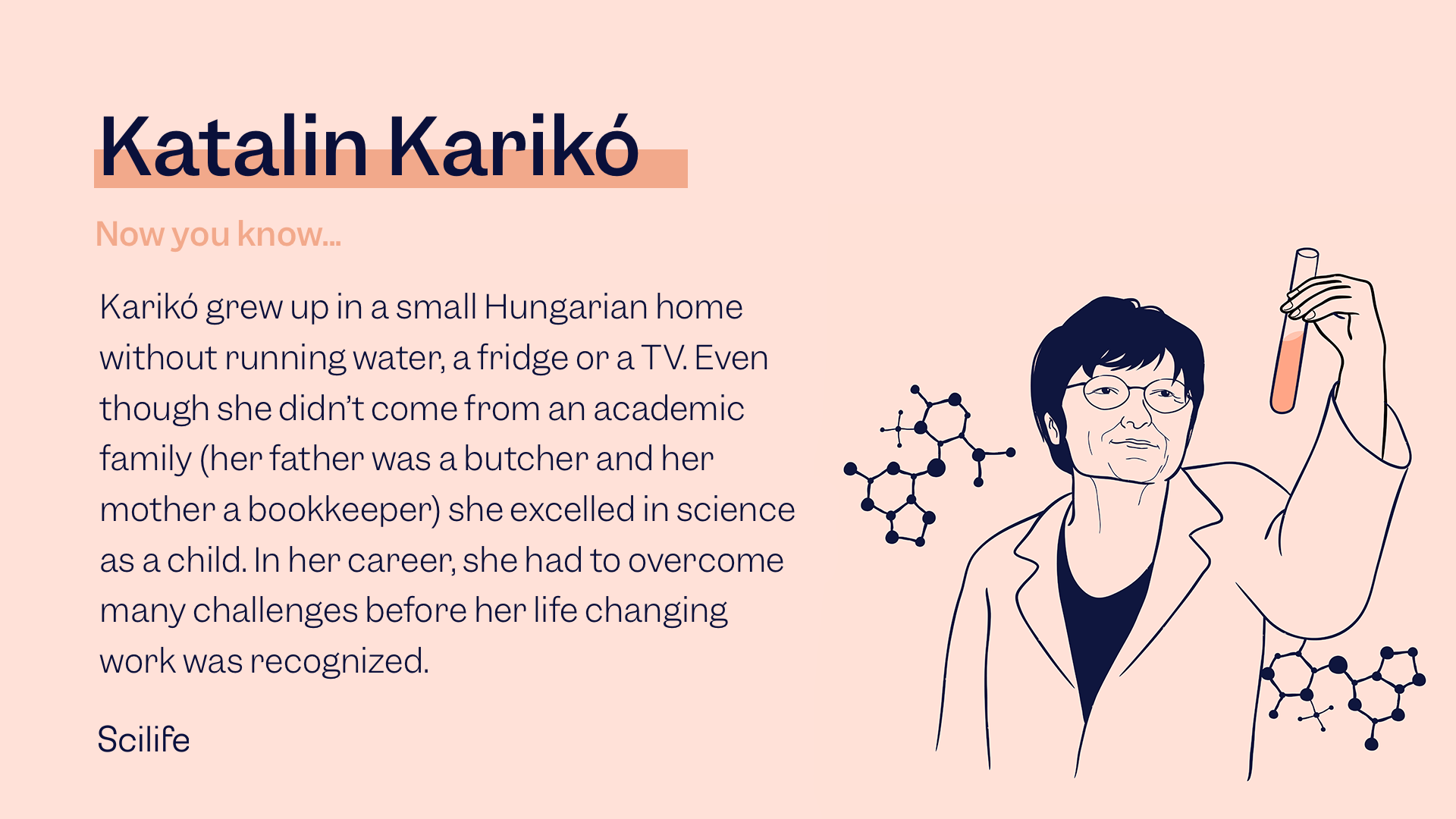 Illustration of Katalin Karikó with the text: Karikó grew up in a small Hungarian home without running water, a fridge or a TV. Even though she didn’t come from an academic family (her father was a butcher and her mother a bookkeeper) she excelled in science as a child. In her career, she had to overcome many challenges before her life changing work was recognized.