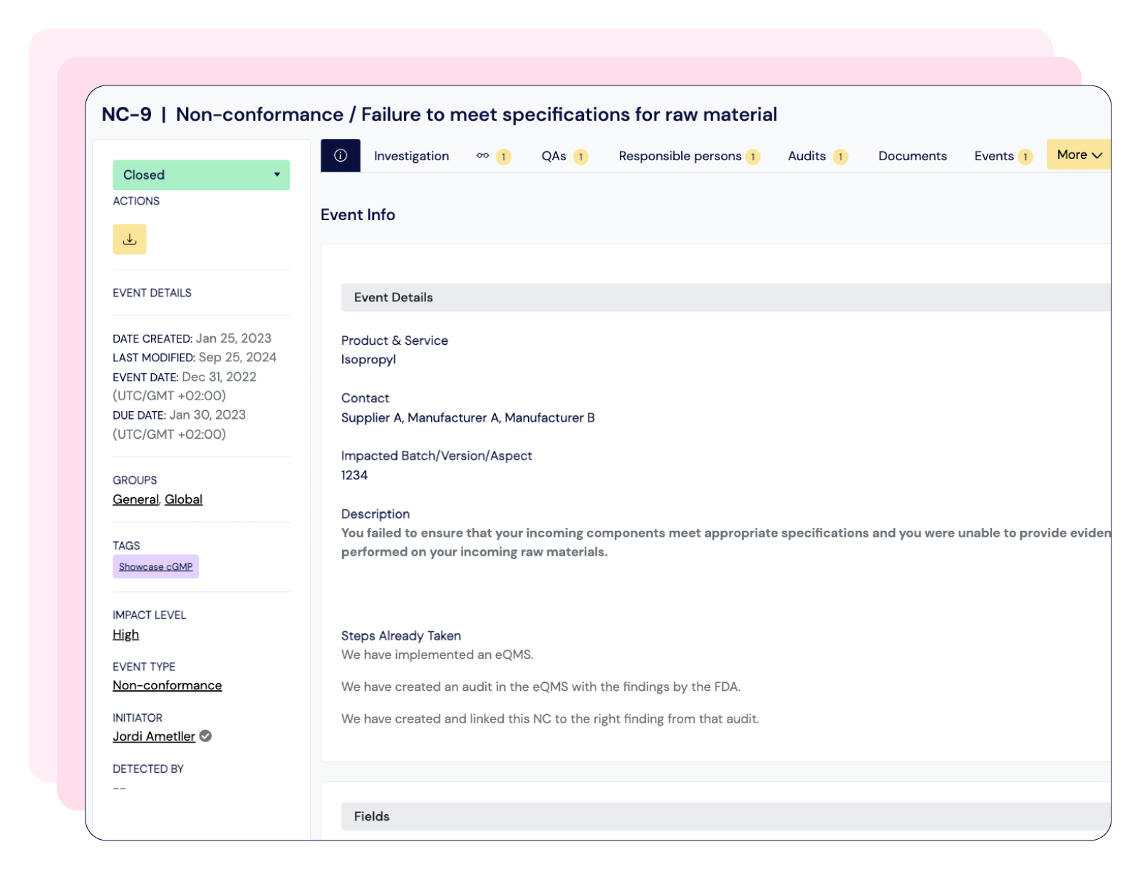 Screenshot showing non-conformance management in Scilife Smart QMS software | Scilife