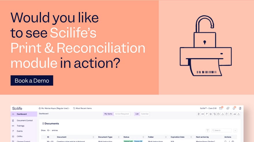 Screenshot of Scilife's Platform and icon of Print & Reconciliation Module with Book a Demo button