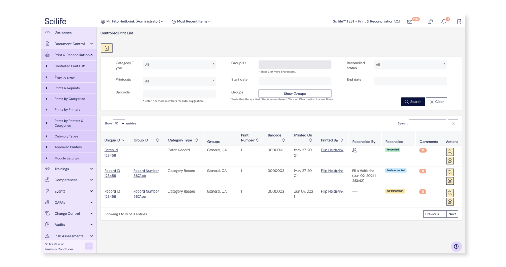 Screenshot of Print & Reconciliation Module Overview on Scilife Platform