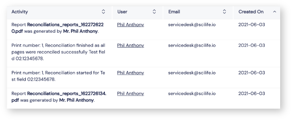 Screenshot of printing history panel on Scilife's Platform