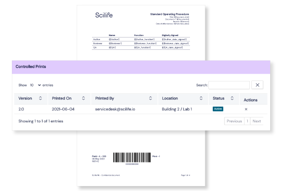 Screenshot of barcode details panel on Scilife's Platform