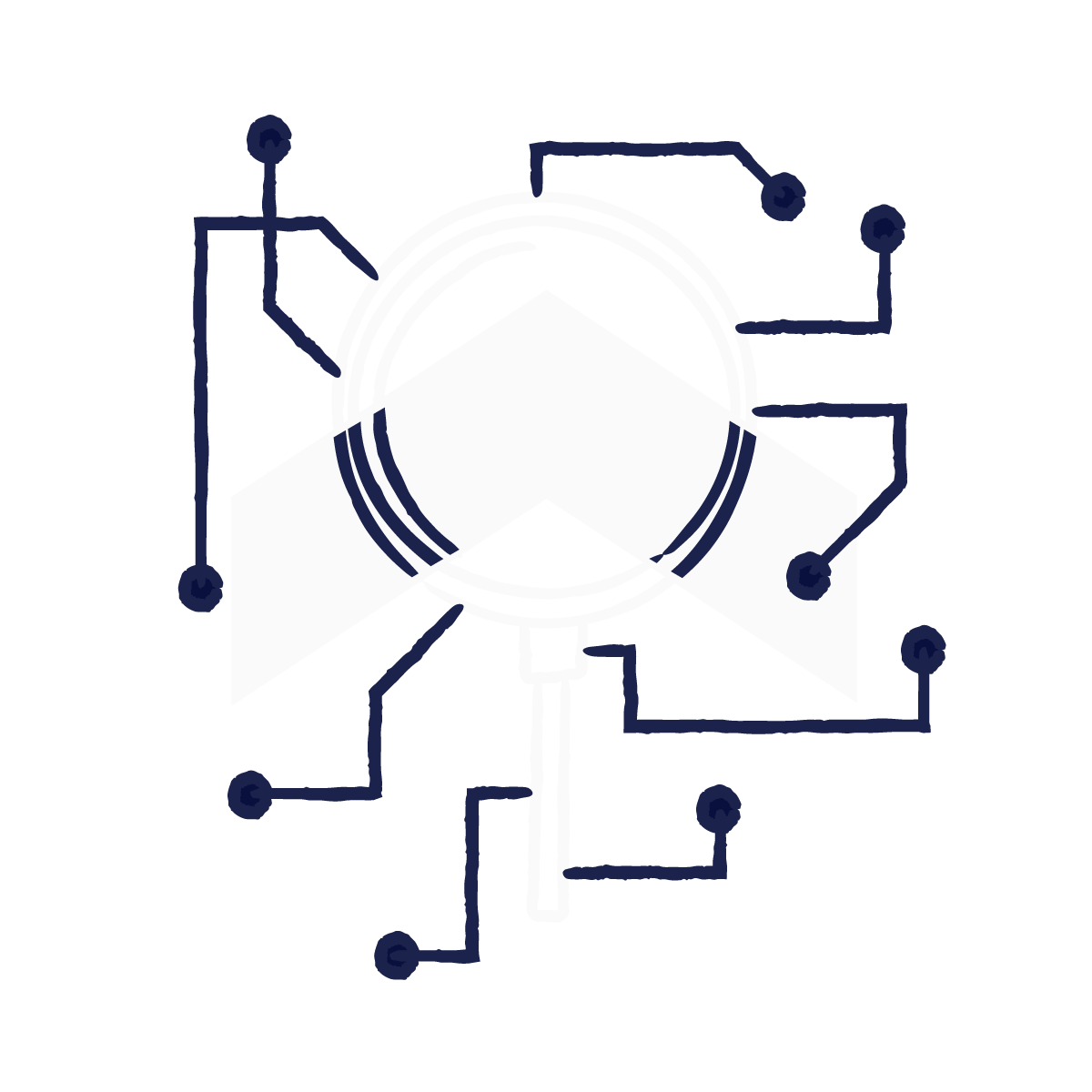 Illustration of interconnected arrow and magnifying glass to represent being data-driven with AI in quality assurance | Scilife