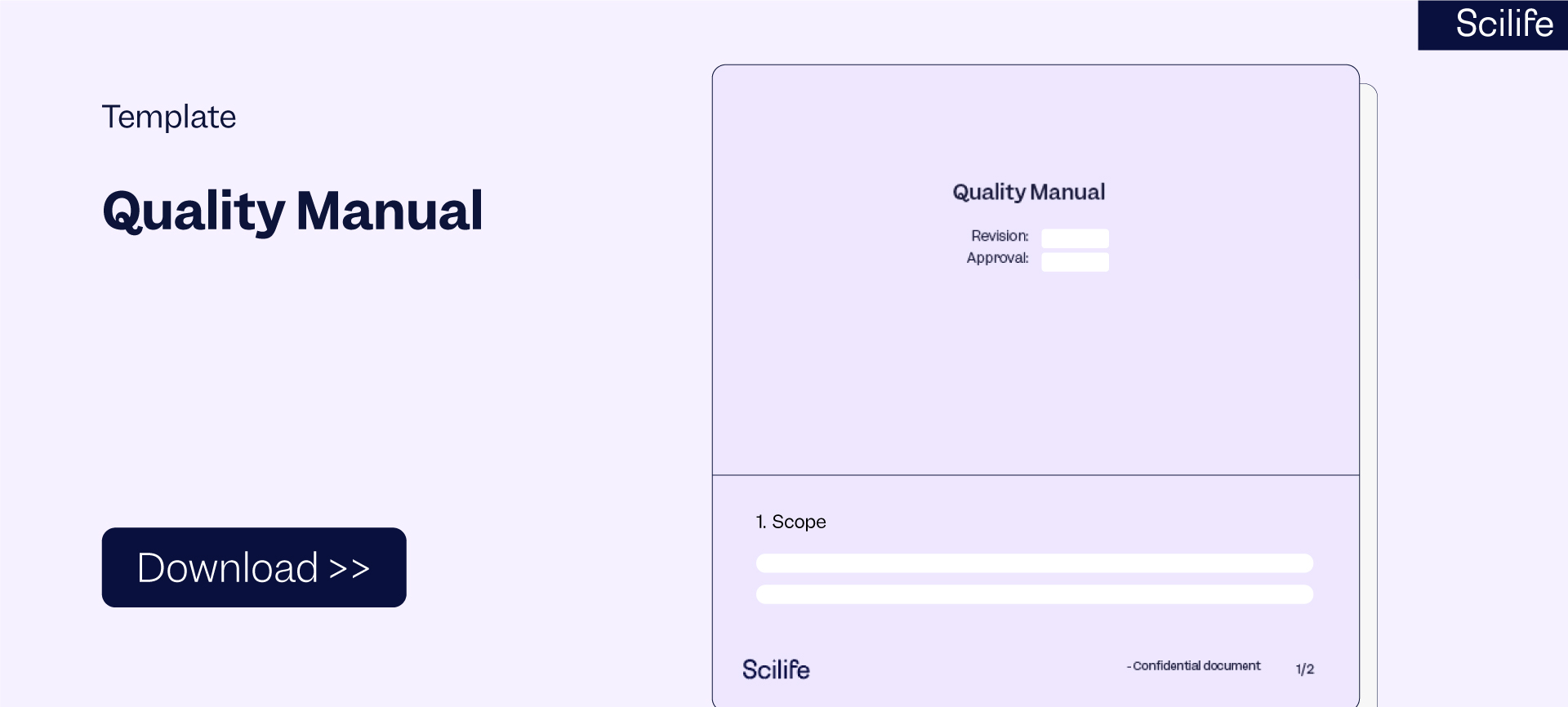 Banner that shows a Quality Manual template to download | Scilife 