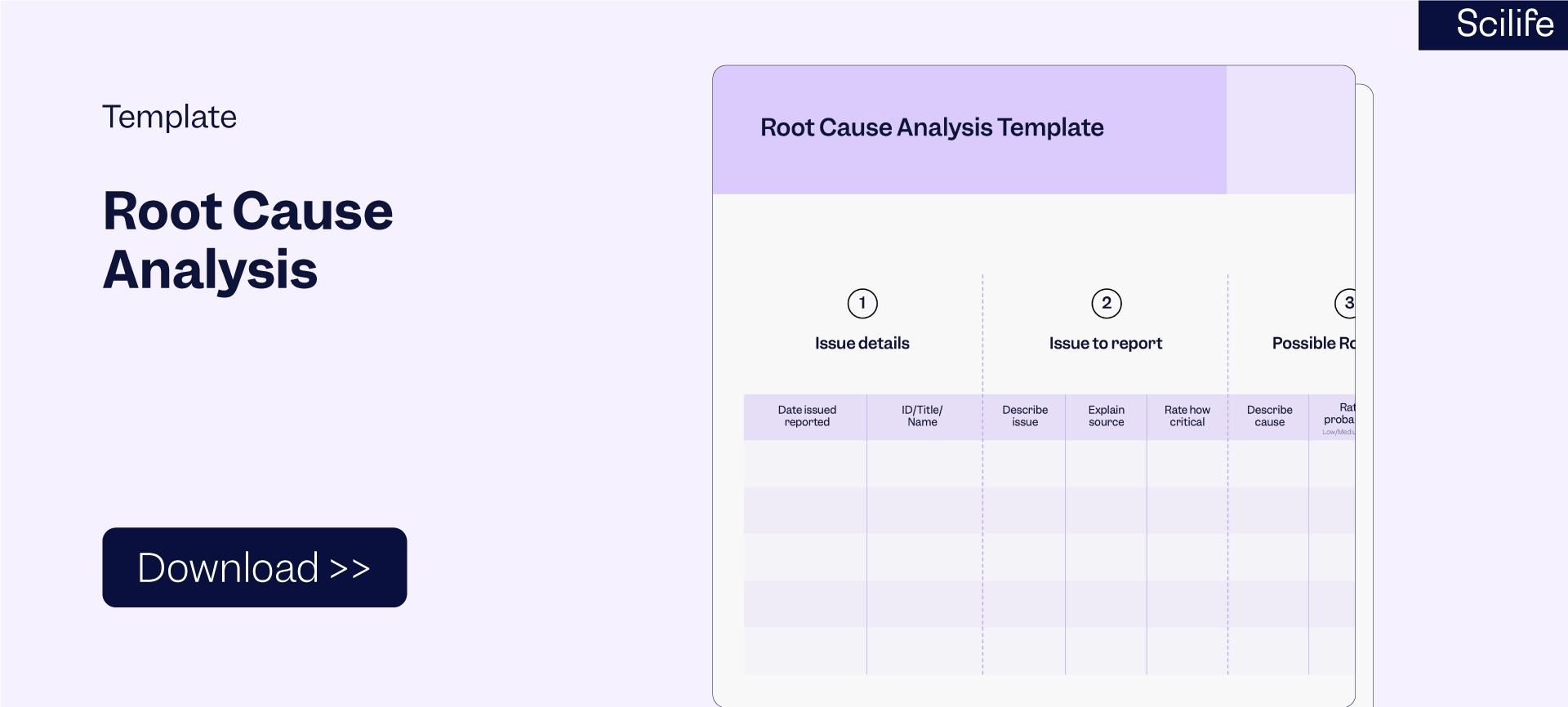 Banner that shows a Root Cause Analysis template to download | Scilife 