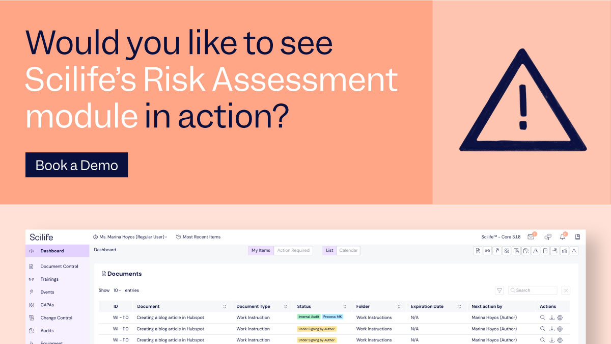 Screenshot of Scilife's Platform and icon of Risk Assessment Module with Book a Demo button