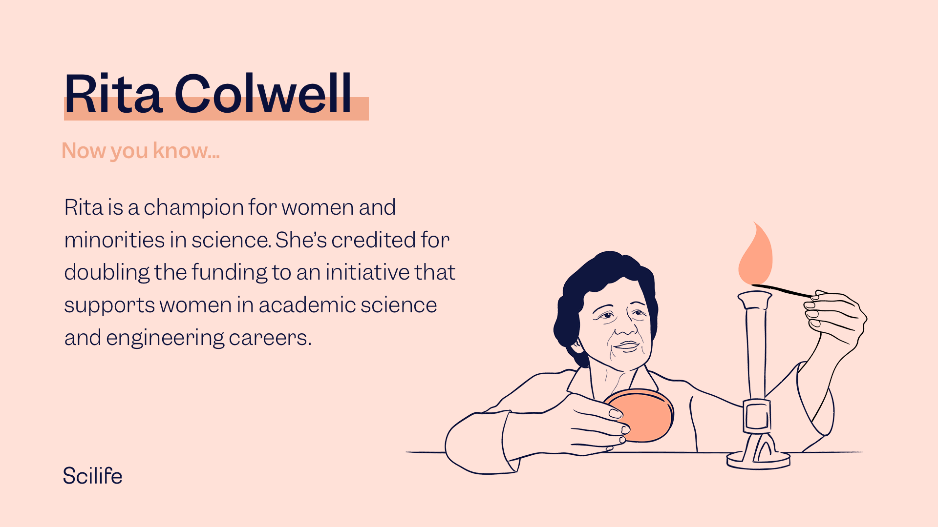 Illustration of Rita Colwell with the text:  Rita is a champion for women and minorities in science. She’s credited for doubling the funding to an initiative that supports women in academic science and engineering careers.