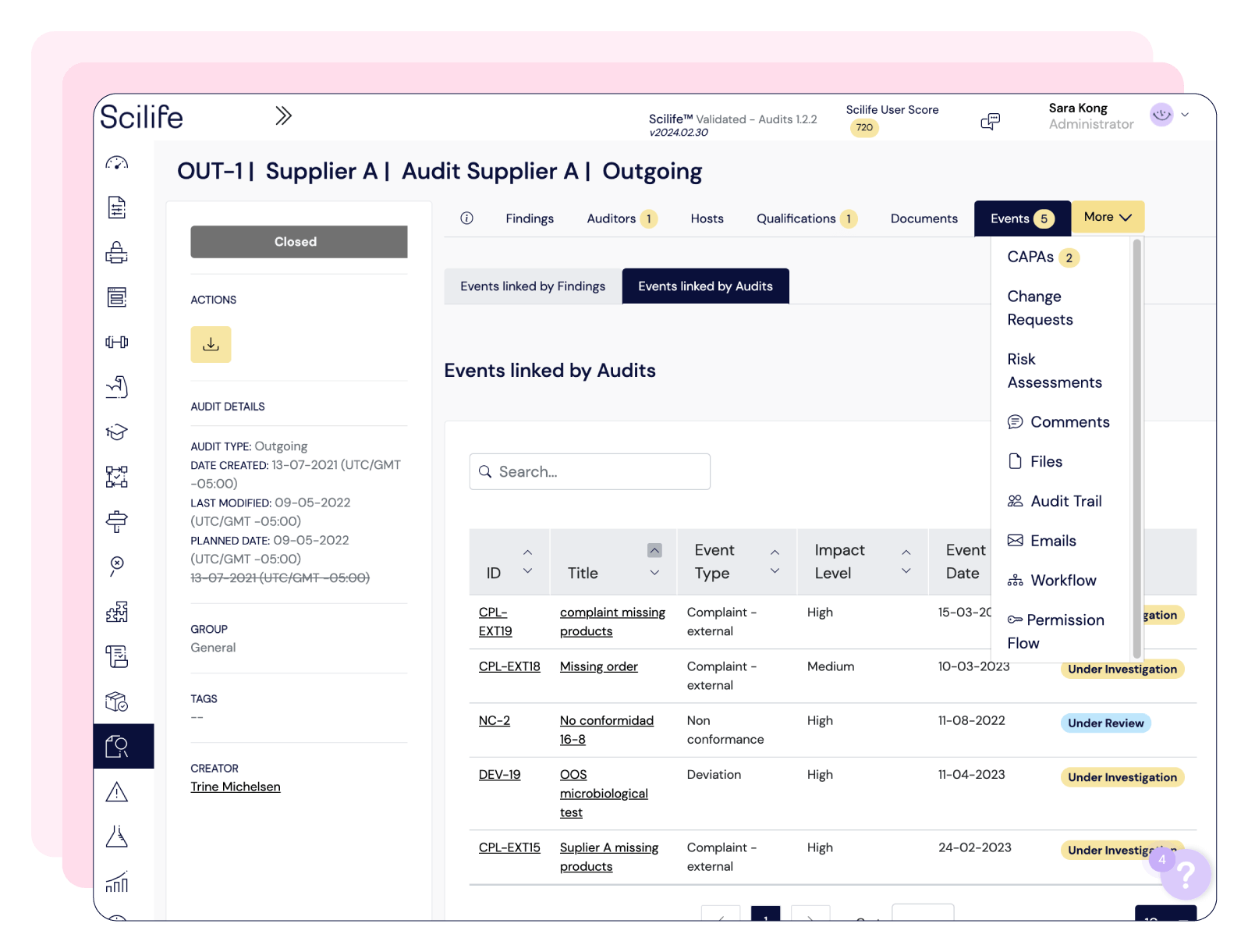 Screenshot of the quality processes integration with Scilife Audit Management software | Scilife