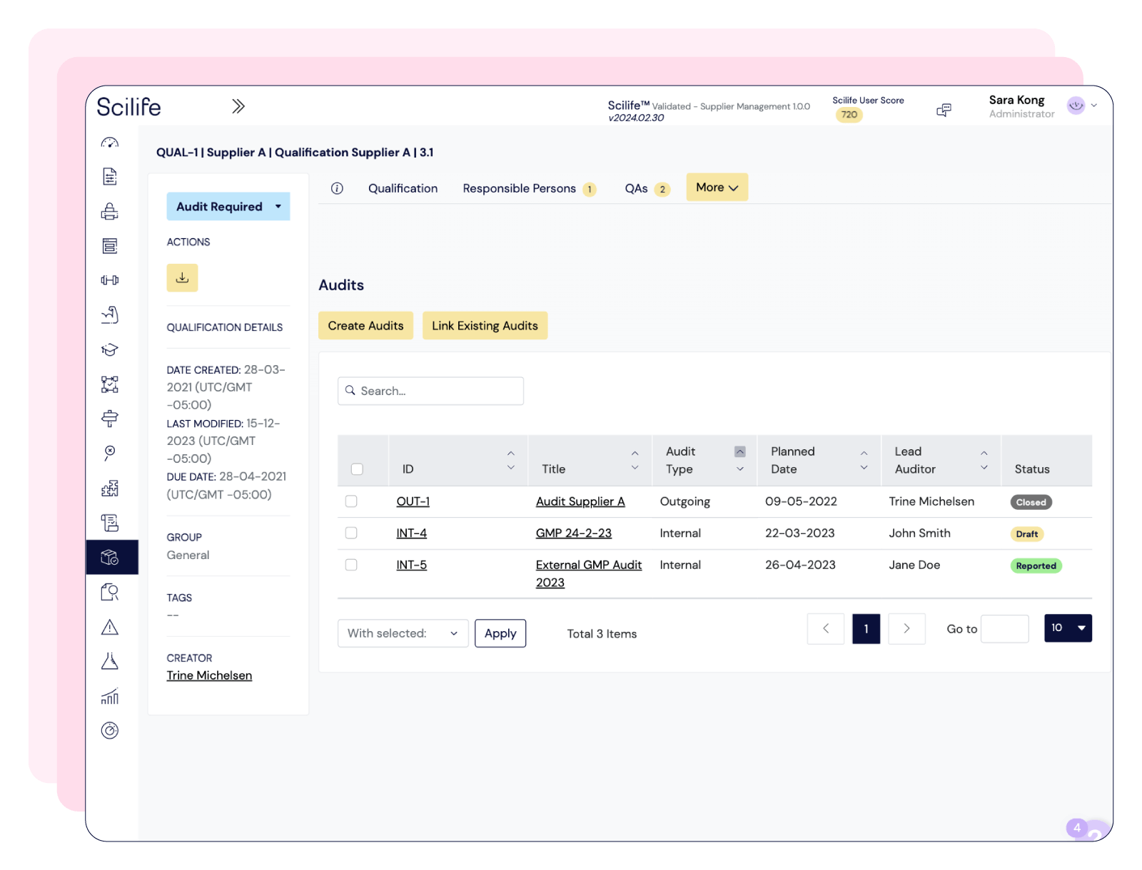 Screenshot of the supplier qualification tool of Scilife Audit Management software | Scilife