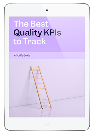 IPad with the cover of our free Scilife Guide: Best Quality KPIs to track