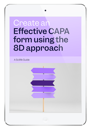 White iPad with the Scilife guide for create effective CAPA form using the 8D approach
