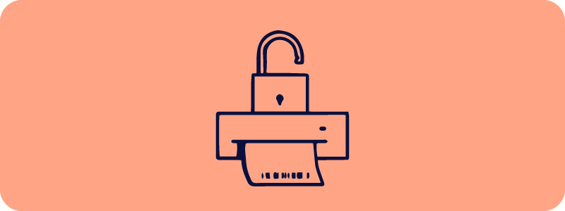 Line drawing of a printer with an open padlock to represent secure printing and compliance | Scilife