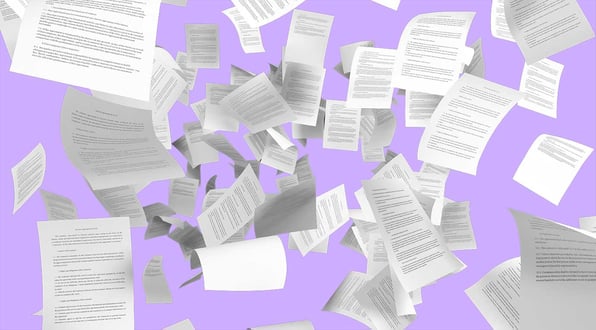 Paper pages flying in purple background to illustrate the problem pharma companies have with uncontrolled printouts | Scilife's Print & Reconciliation Module.