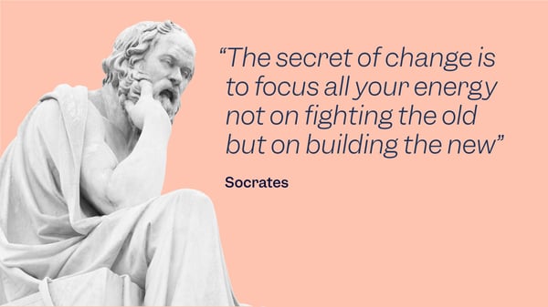 Socrates' Sculpture with a quote that says: The secret of change is to focus all your energy not on fighting the old but on building the new" to explain the advantages of choosing a e-QMS like Scilife's smart QMS