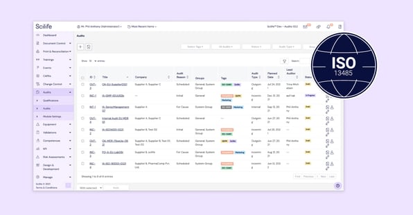 Scilife Smart QMS Platform screenshot showing the audit solution on purple background with ISO 13485 stamp | Scilife