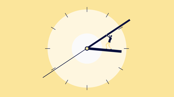 Illustrated clock with a person standing on its hands, pushing them forward to symbolize the time savings QA teams achieve with SOP software | Scilife