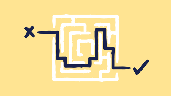 A stylized illustration of a maze with a dark, winding path leading from an "X" to a checkmark, symbolizing the challenges and solutions in pharmaceutical Quality Management Systems (QMS) | Scilife
