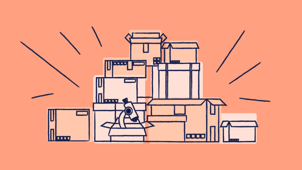 Illustration of stacked cardboard boxes with a microscope inside one open box, symbolizing distribution and handling of medicinal products | Scilife