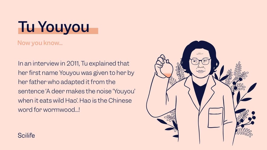Illustration of Tu Youyou with the text: In an interview in 2011, Tu explained that her first name Youyou was given to her by her father who adapted it from the sentence ‘A deer makes the noise ‘Youyou’ when it eats wild Hao’. Hao is the Chinese word for wormwood…!
