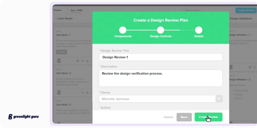 Greenlight Guru design controls screen with the Create a Design Review Plan dialog open over user needs and design validations