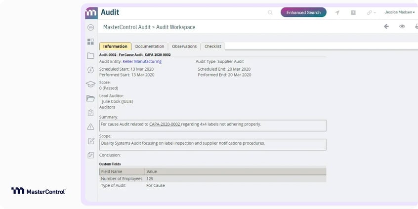 MasterControl Audit workspace showing a for-cause supplier audit record with dates, lead auditor, summary and scope