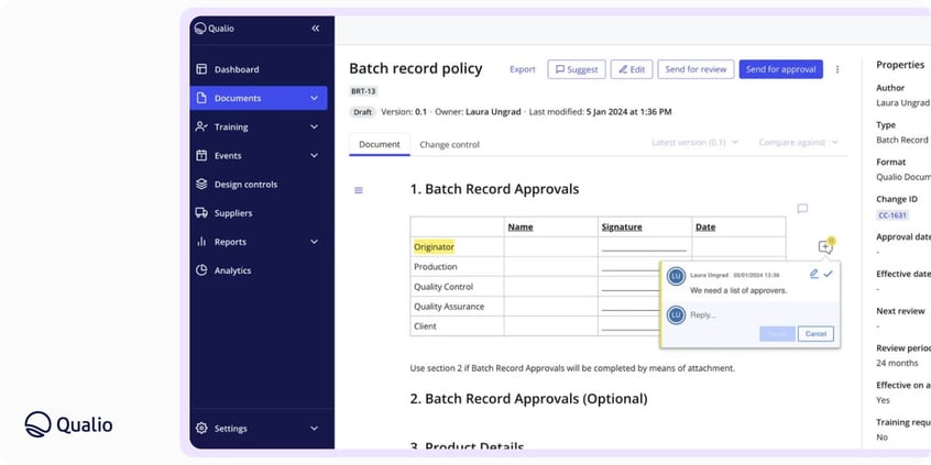 Qualio eQMS document editor showing a draft batch record policy with an approvals table, a reviewer comment and document properties