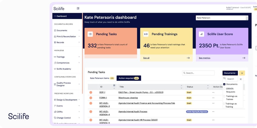 Scilife eQMS dashboard showing a user's pending tasks, pending trainings and user score, above a list of documents that need action