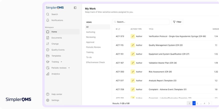 SimplerQMS My Work view listing the document tasks assigned to the user, such as authoring, review and approval
