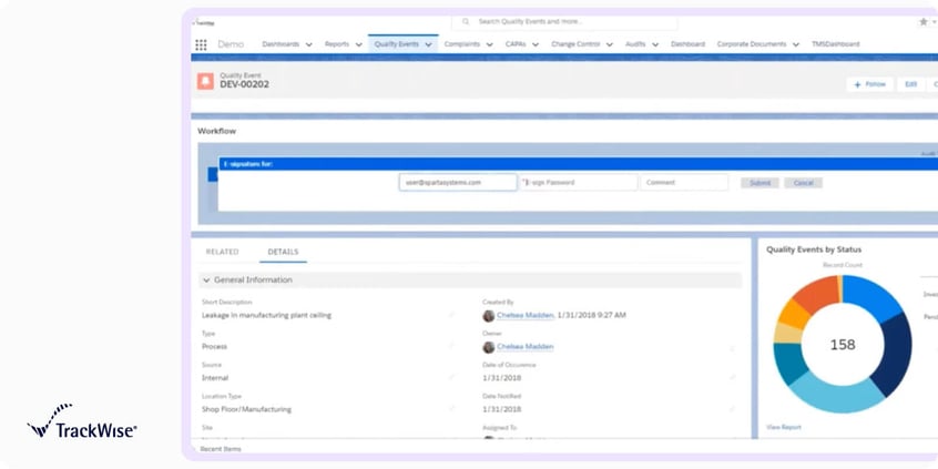 TrackWise quality event record showing an e-signature workflow step, event details and a chart of quality events by status